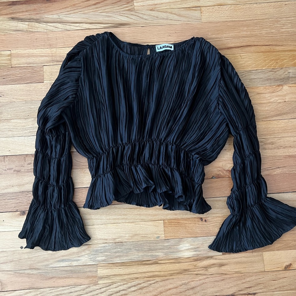 Laagam Black Pleated Ruffle-Hem Long Sleeve Blouse